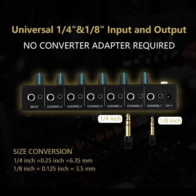 STABCL Headphone Amplifier 6 Channel, Stereo Headphone Amp with 3.5mm&6.35mm Input and Output, Metal Portable Studio Headphone Amp Splitter, Headphone Mixer with Mono and Stereo for Recording Studios - Image 4